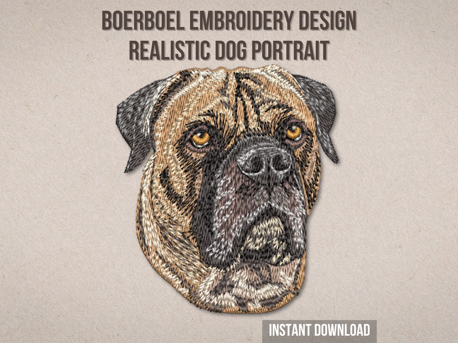 Realistic embroidery of a Boerboel dog head in tan, brown, and black thread with detailed fur and expressive yellow eyes.