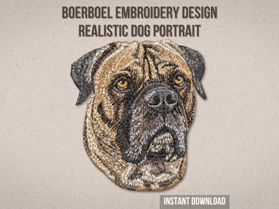 Realistic embroidery of a Boerboel dog head in tan, brown, and black thread with detailed fur and expressive yellow eyes.
