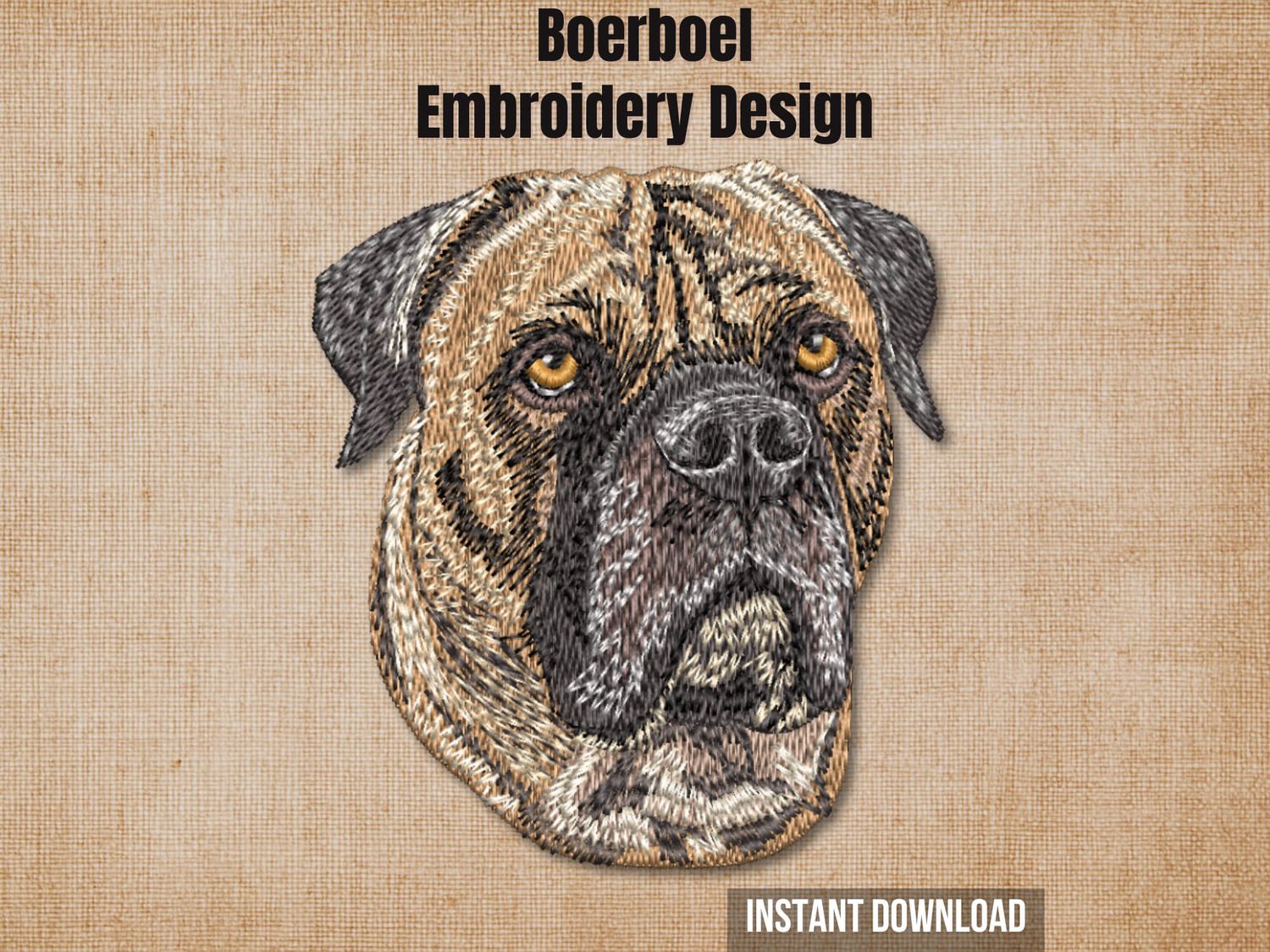 Boerboel dog embroidery pattern graphic on a burlap background with "Instant Download" text.