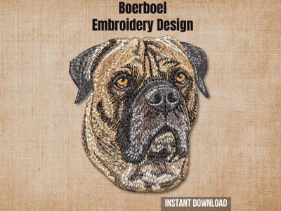 Boerboel dog embroidery pattern graphic on a burlap background with "Instant Download" text.