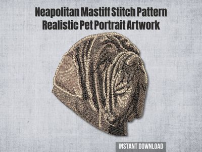 Embroidery of a Neapolitan Mastiff dog head with deep wrinkles and short fur on a light fabric background.