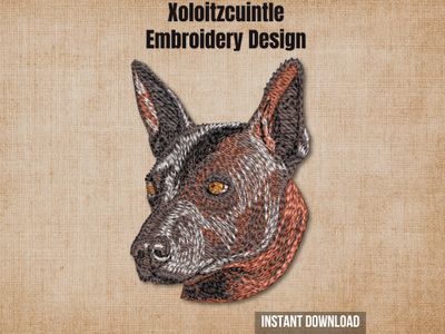 Xoloitzcuintle dog embroidery pattern graphic on a burlap background with "Instant Download" text.