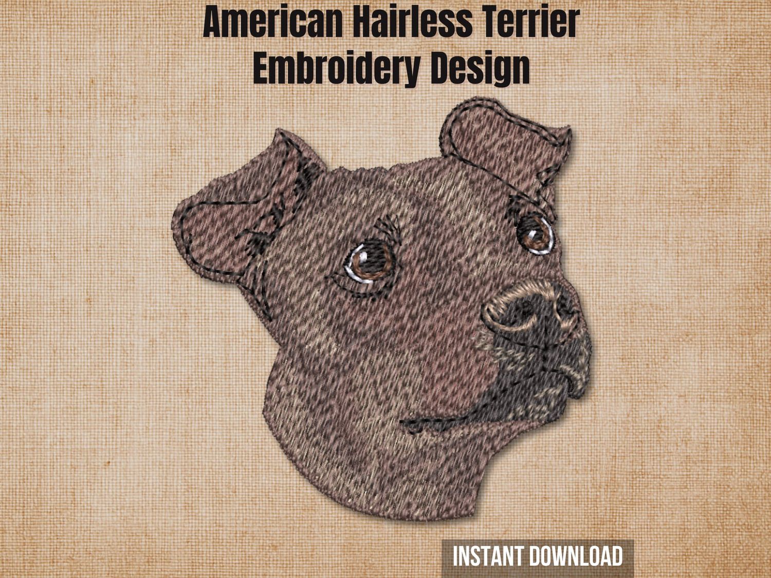 American Hairless Terrier embroidery design on a burlap background with "Instant Download" text.