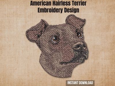 American Hairless Terrier embroidery design on a burlap background with "Instant Download" text.