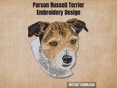 Parson Russell Terrier digital embroidery design mockup over a textured tan fabric background.
