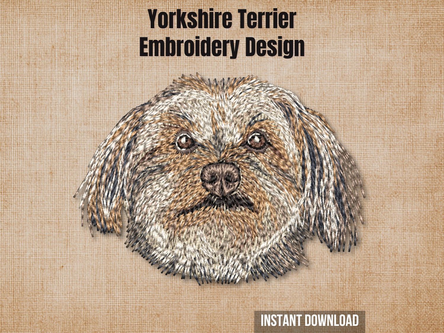 Yorkshire Terrier digital embroidery design mockup over a textured tan fabric background.