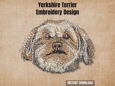 Yorkshire Terrier digital embroidery design mockup over a textured tan fabric background.