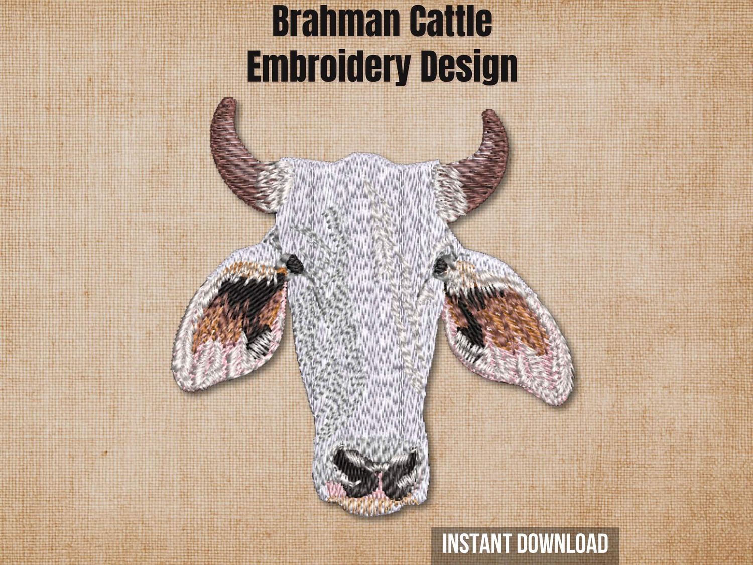 Brahman cattle embroidery design graphic on a burlap background with "Instant Download" text.