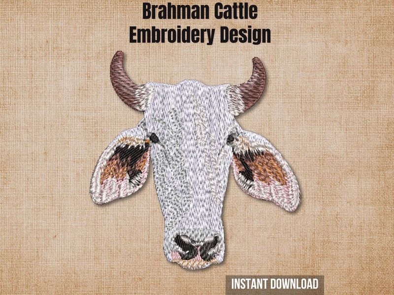 Brahman cattle embroidery design graphic on a burlap background with "Instant Download" text.