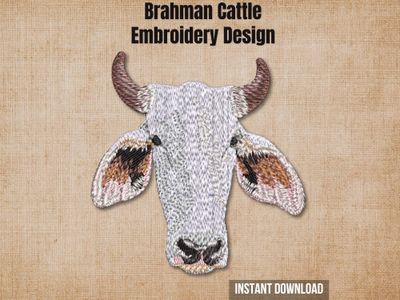 Brahman cattle embroidery design graphic on a burlap background with "Instant Download" text.