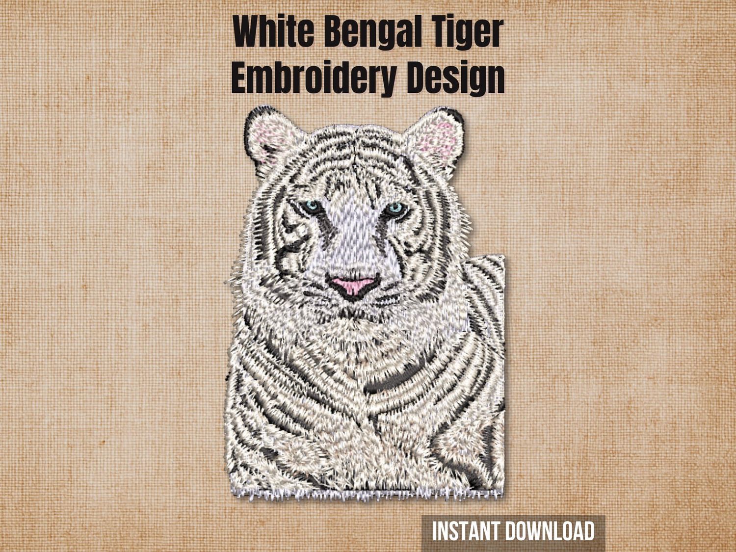 White Bengal tiger embroidery design mockup on a textured beige background with "Instant Download" text.