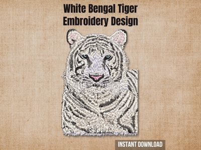 White Bengal tiger embroidery design mockup on a textured beige background with "Instant Download" text.