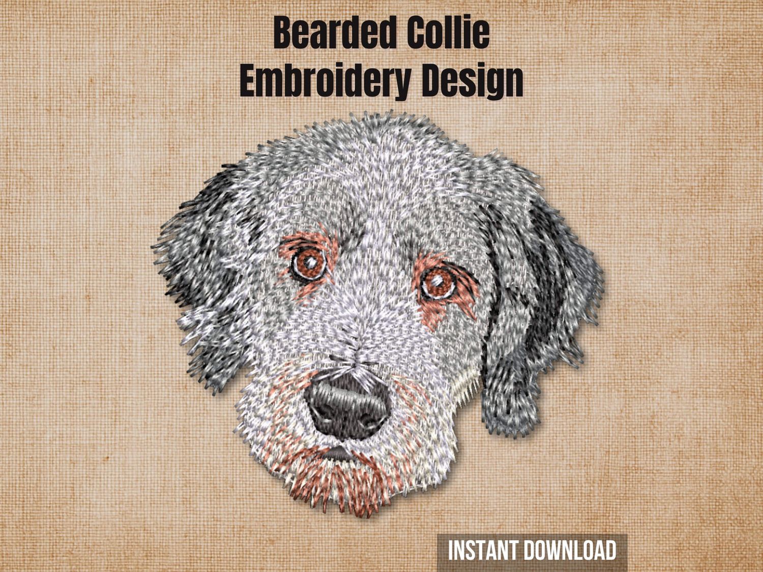 Bearded Collie embroidery design mockup on a textured brown background with "Instant Download" text.