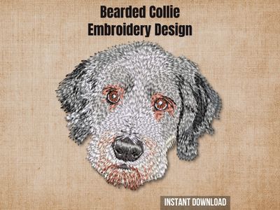 Bearded Collie embroidery design mockup on a textured brown background with "Instant Download" text.
