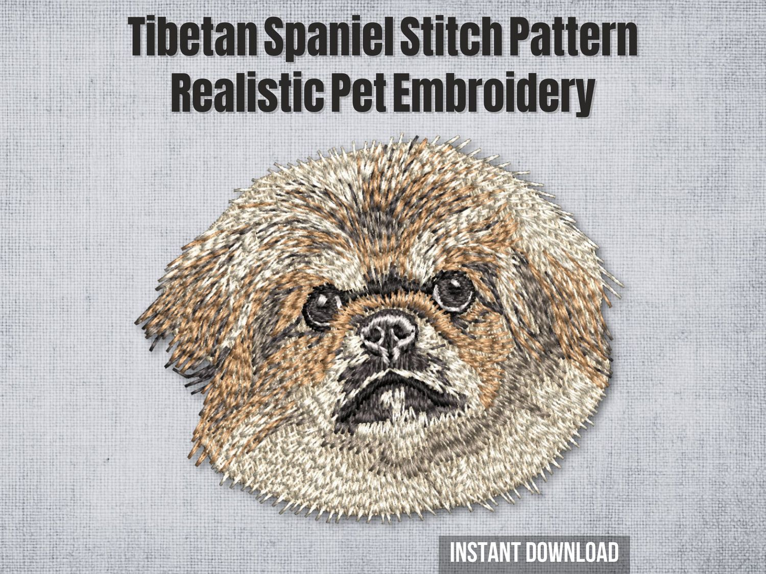 Realistic embroidery of a Tibetan Spaniel with fluffy fur and dark eyes on a grey fabric background.