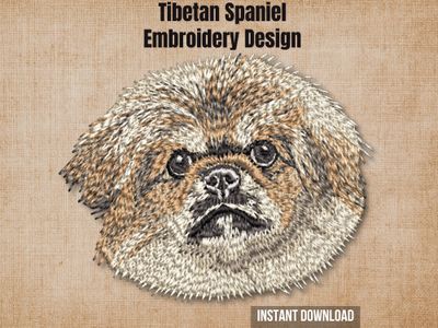 Textured natural burlap background highlighting the Tibetan Spaniel machine embroidery design with an instant download badge