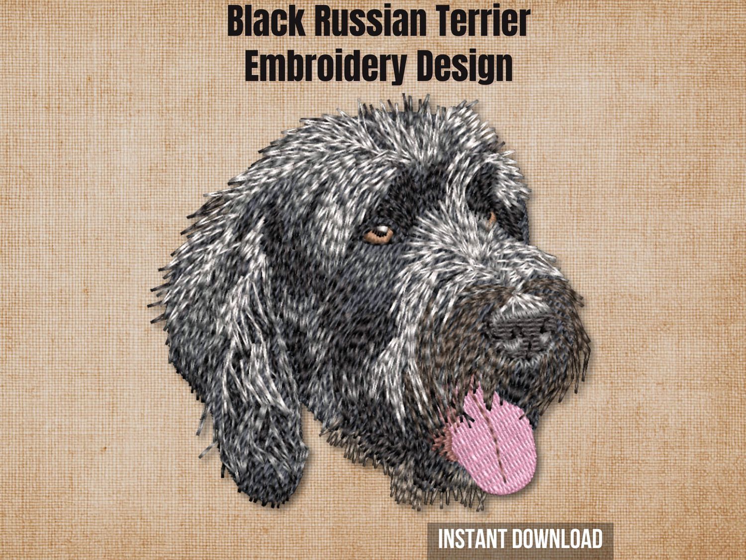 Textured burlap background highlighting the Black Russian Terrier machine embroidery design with an instant download tag