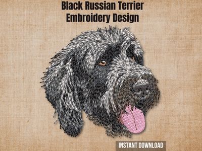 Textured burlap background highlighting the Black Russian Terrier machine embroidery design with an instant download tag