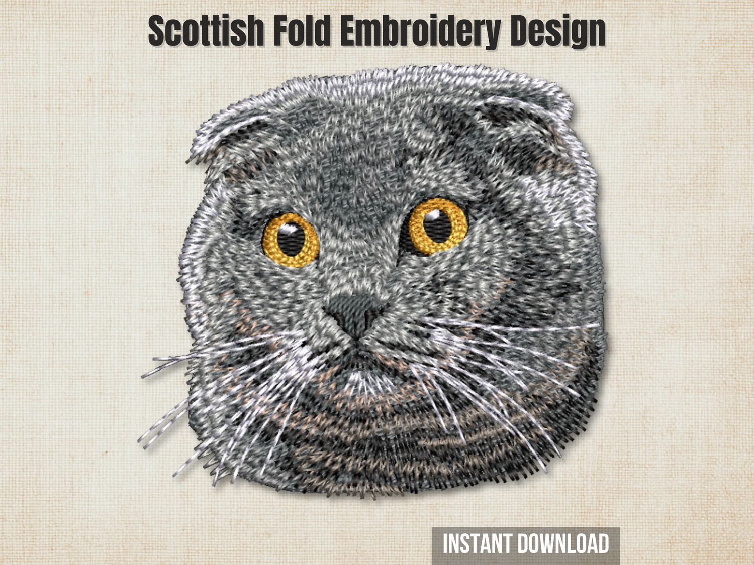 An embroidered Scottish Fold cat head design with orange eyes, displayed on a textured beige background with promotional text