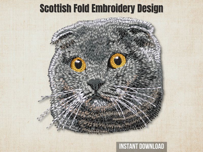 An embroidered Scottish Fold cat head design with orange eyes, displayed on a textured beige background with promotional text