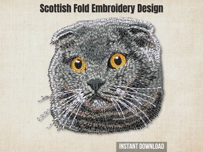 An embroidered Scottish Fold cat head design with orange eyes, displayed on a textured beige background with promotional text