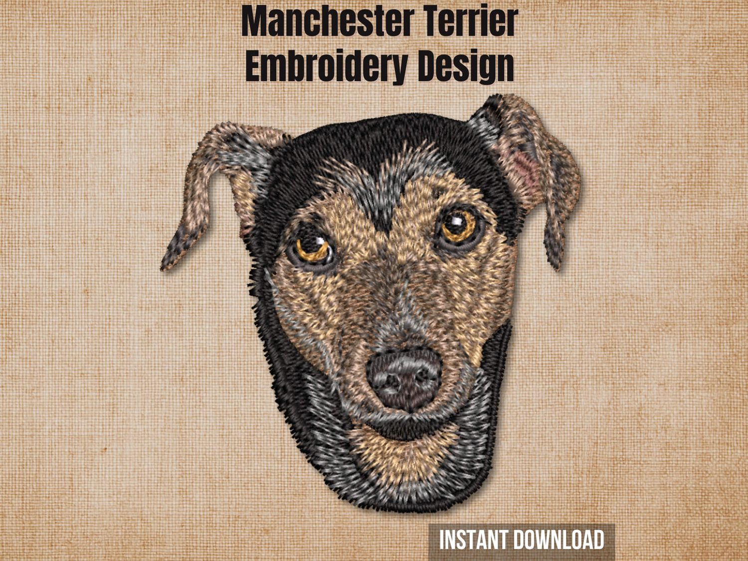 Manchester Terrier embroidery design on a burlap background with "Instant Download" text.