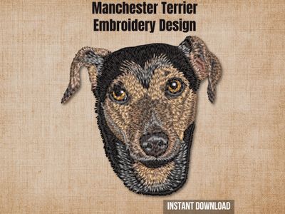 Manchester Terrier embroidery design on a burlap background with "Instant Download" text.