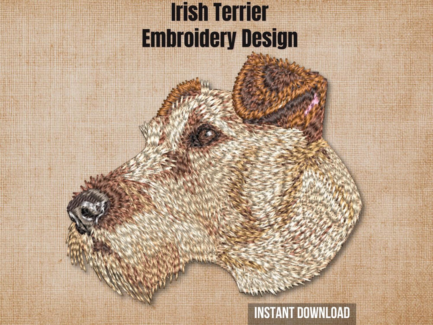 Textured natural burlap background highlighting the Irish Terrier machine embroidery design with an instant download badge