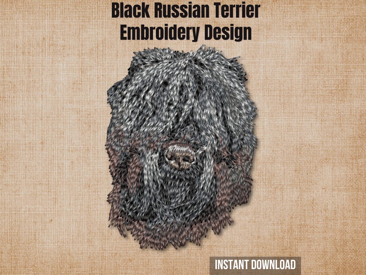 Black Russian Terrier embroidery design on a burlap background with "Instant Download" text.