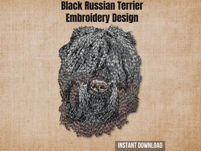 Black Russian Terrier embroidery design on a burlap background with "Instant Download" text.