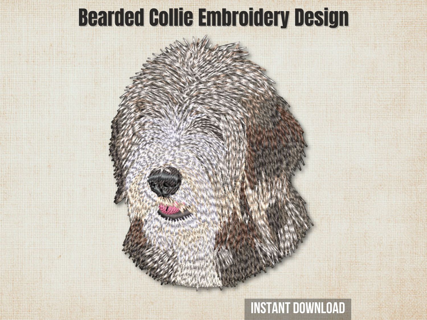 An embroidered Bearded Collie dog head, displayed on a textured beige background with promo text overlays.