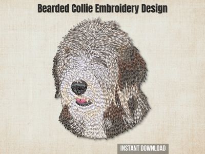 An embroidered Bearded Collie dog head, displayed on a textured beige background with promo text overlays.