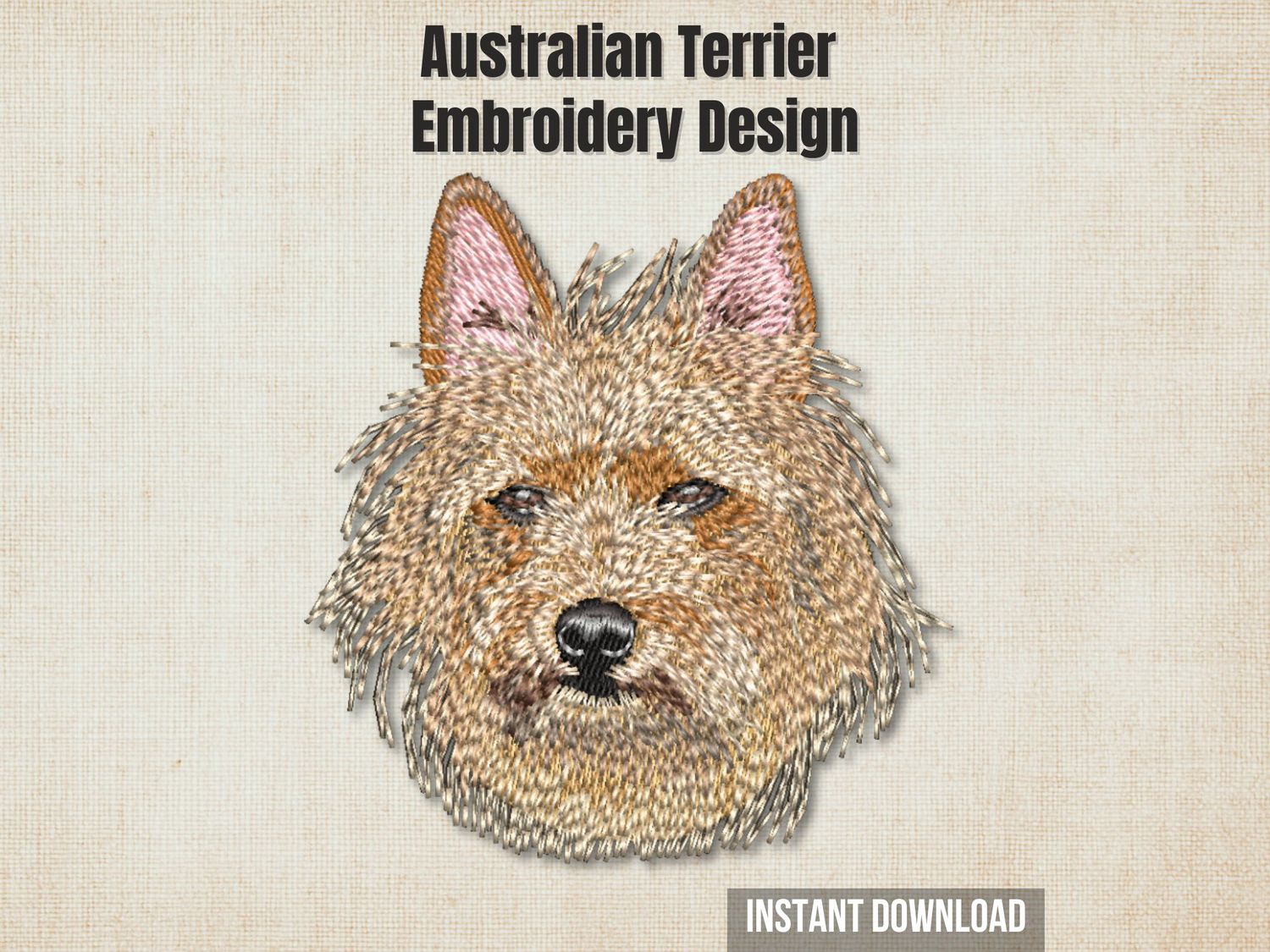 An embroidered Australian Terrier dog head, displayed on a textured beige background with promo text overlays.