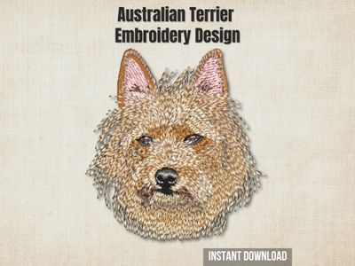 An embroidered Australian Terrier dog head, displayed on a textured beige background with promo text overlays.