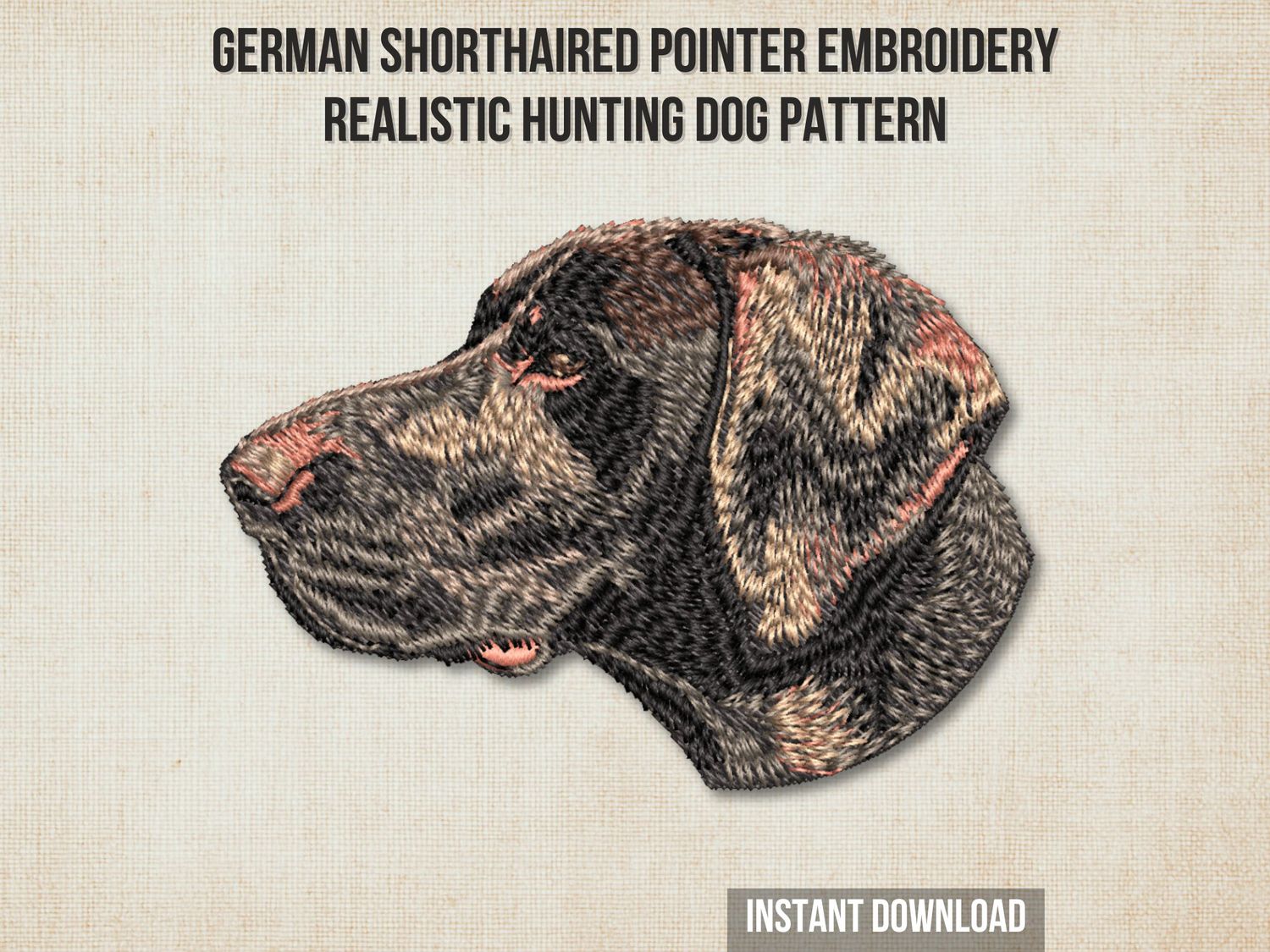 Embroidery of a German Shorthaired Pointer dog head in brown and black tones with detailed fur texture on a light fabric.