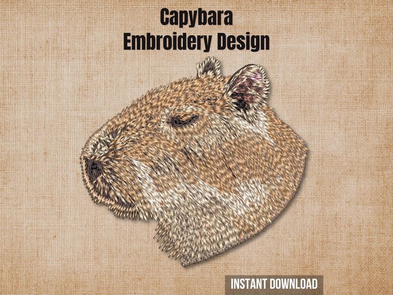 Capybara embroidery design mockup on a textured brown background with "Instant Download" text.