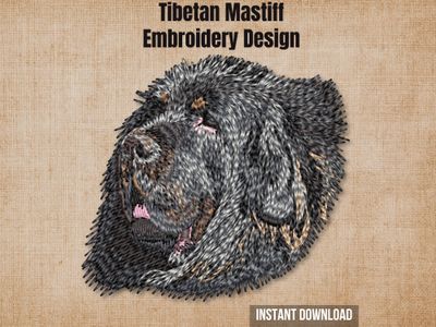 Tibetan Mastiff embroidery design graphic on a burlap background with "Instant Download" text.