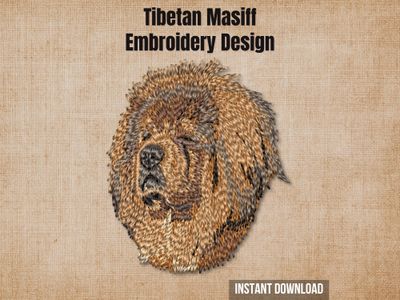 Tibetan Mastiff embroidery design mockup on a beige linen background with "Instant Download" text.