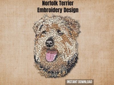 Textured natural burlap background highlighting the Norfolk Terrier machine embroidery design with an instant download badge