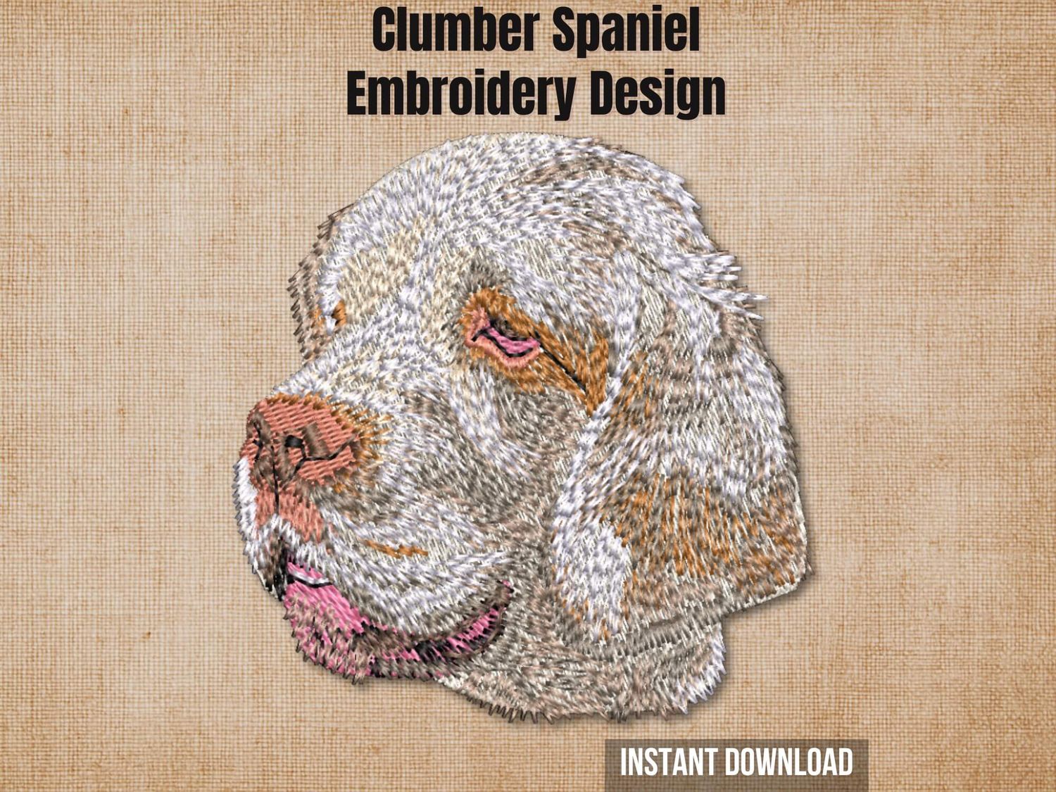 Textured natural burlap background highlighting the Clumber Spaniel machine embroidery design with an instant download badge