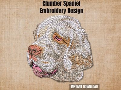 Textured natural burlap background highlighting the Clumber Spaniel machine embroidery design with an instant download badge