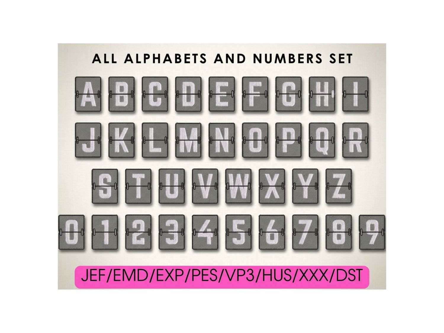 Embroidered blocks styled like airport split-flap letters and numbers on a textured beige background with text.