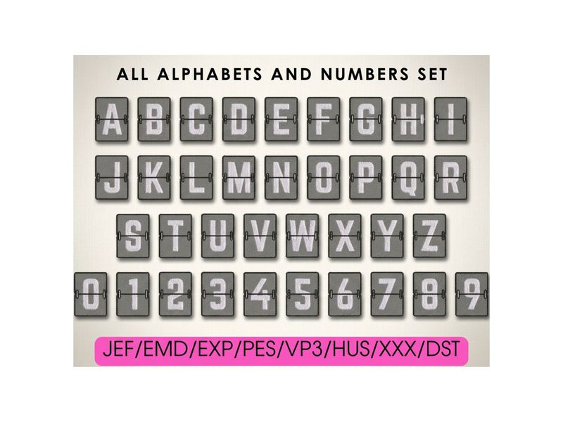 Embroidered blocks styled like airport split-flap letters and numbers on a textured beige background with text.