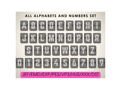 Embroidered blocks styled like airport split-flap letters and numbers on a textured beige background with text.
