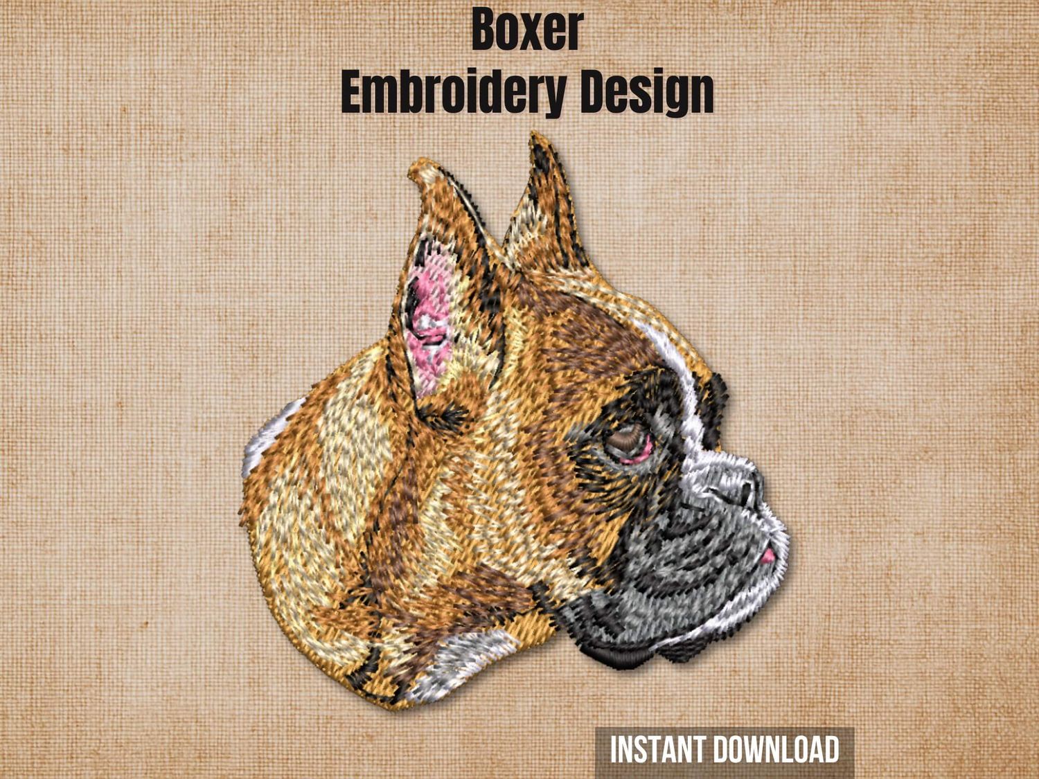 Boxer dog embroidery pattern graphic on a burlap background with "Instant Download" text.