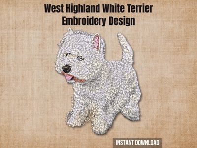 West Highland White Terrier embroidery design mockup on a textured brown background with "Instant Download" text.