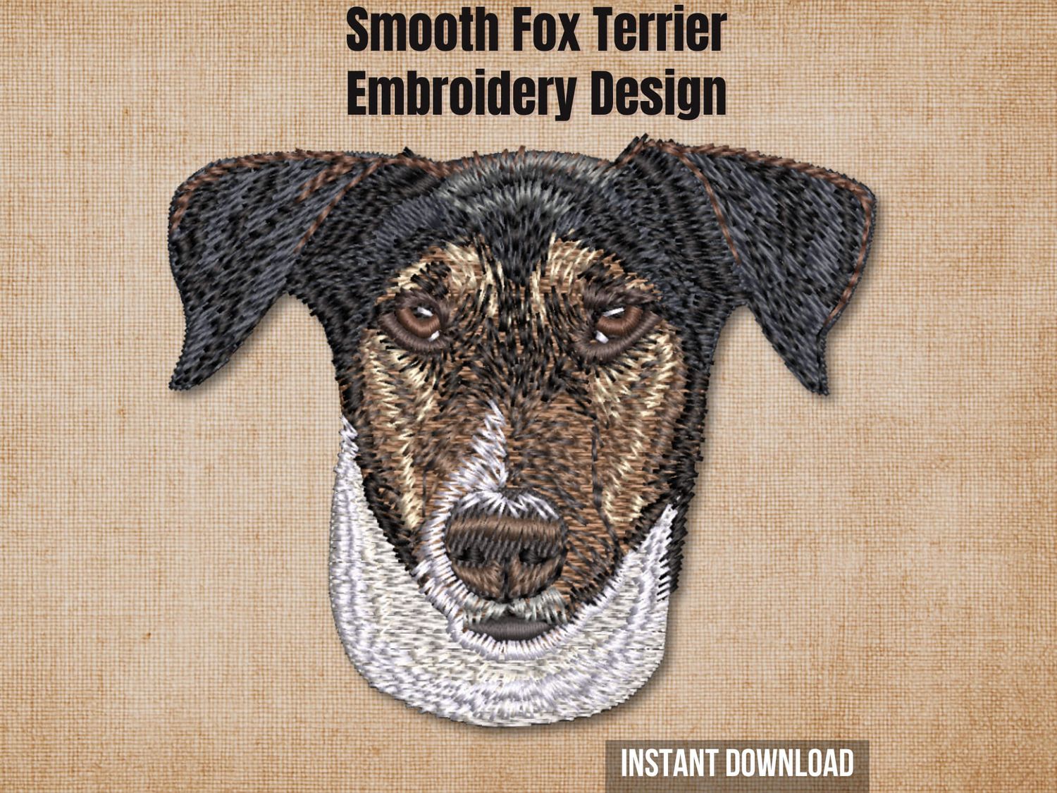 Textured burlap background highlighting the Smooth Fox Terrier machine embroidery design with an instant download badge