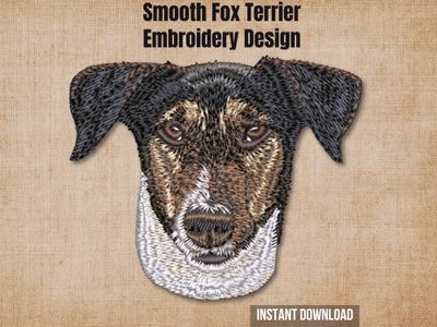 Textured burlap background highlighting the Smooth Fox Terrier machine embroidery design with an instant download badge