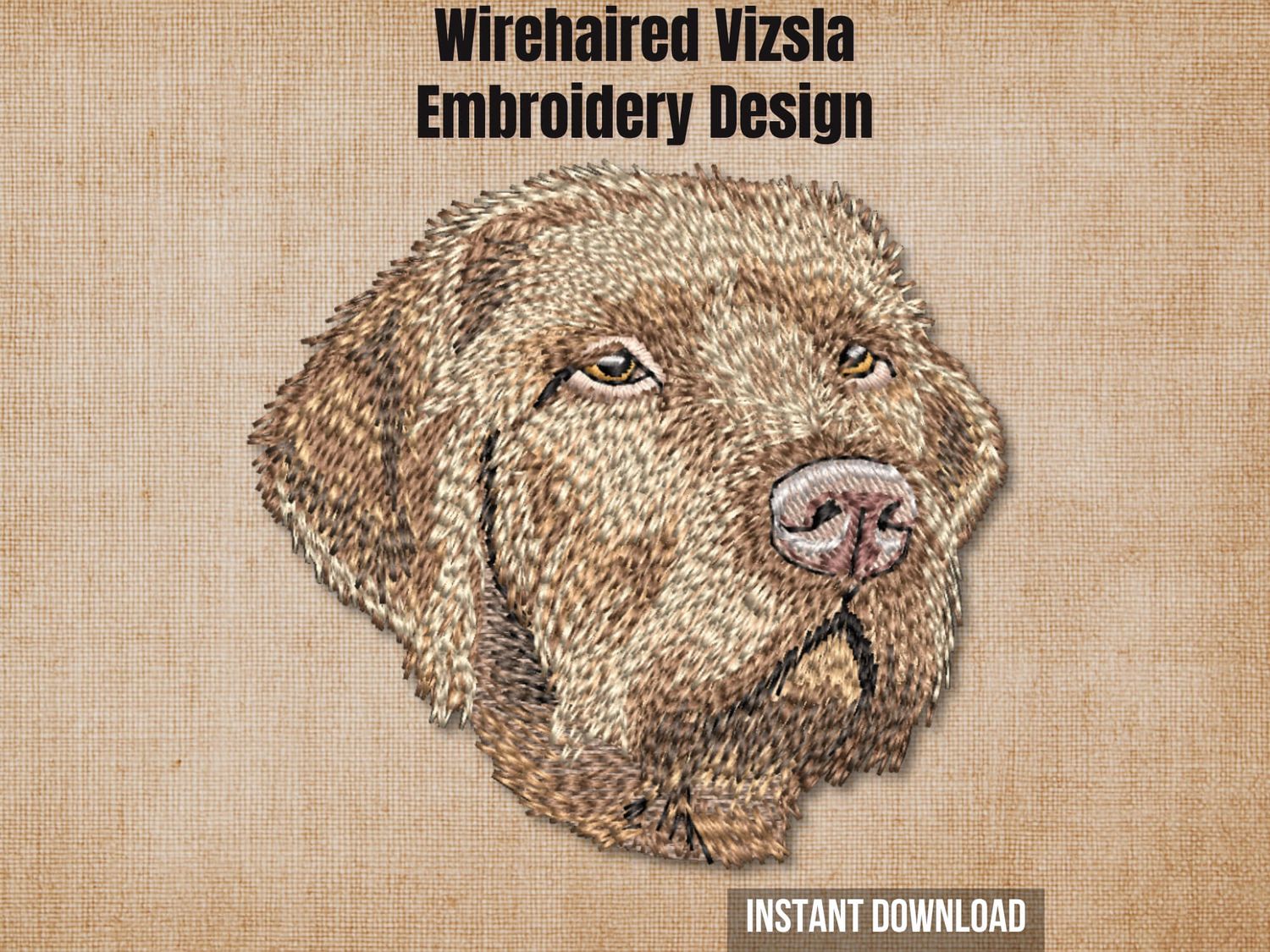 Textured burlap background highlighting the Wirehaired Vizsla machine embroidery design with an instant download badge