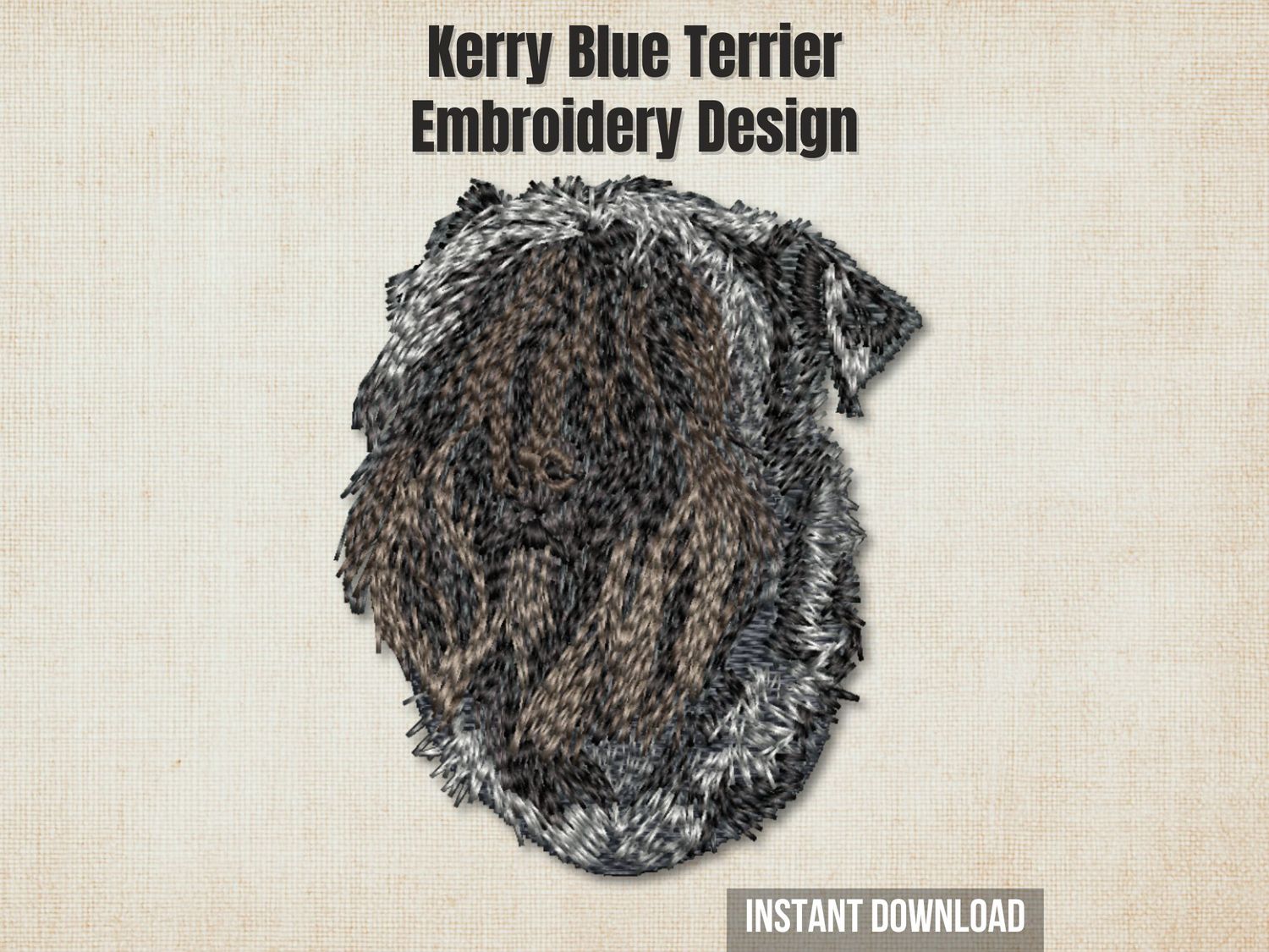 An embroidered Kerry Blue Terrier dog head, displayed on a textured beige background with promo text overlays.